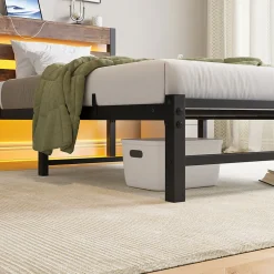Okwish Lit Simple 90x200 cm, Lit Métal Ado avec Éclairage LED et Prises USB, Rangement dessous, Sans Matelas, Métal et Bois, Noir, Brun