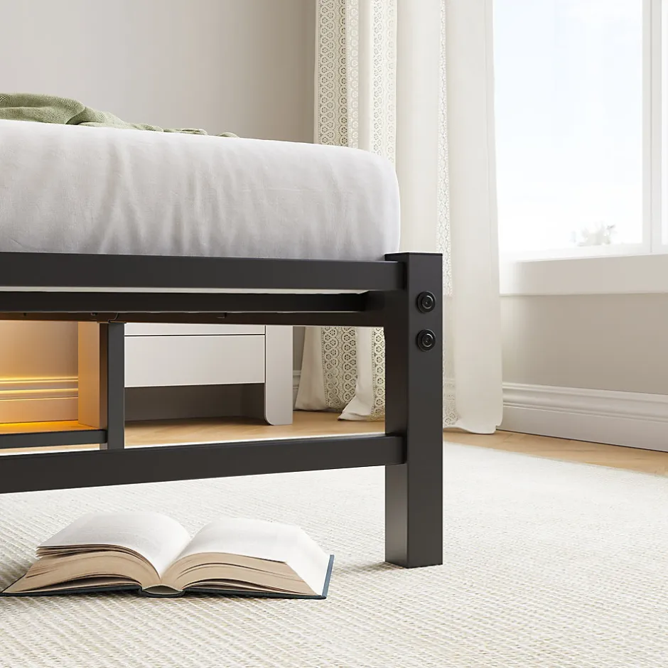 Okwish Lit Simple 90x200 cm, Lit Métal Ado avec Éclairage LED et Prises USB, Rangement dessous, Sans Matelas, Métal et Bois, Noir, Brun