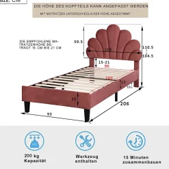 ProximaX Lit simple 90x200 cm rouge, rembourré velours, tête fleur, sommier à lattes, cadre stable, idéal pour enfant Hot