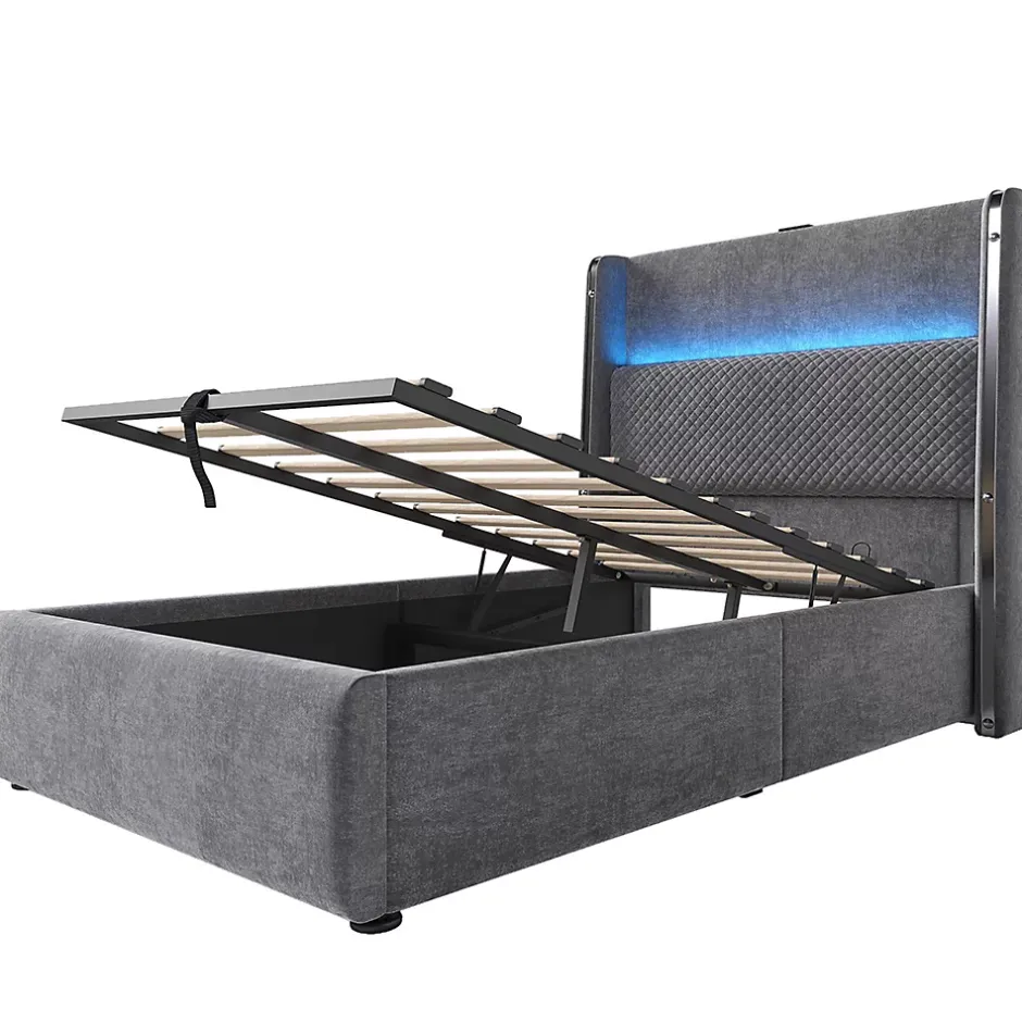 Blackcolors Lit simple 90x200 cm, tête haute, LED/USB, hydraulique, lin - gris New