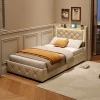 ProximaX Lit simple 90x200 cm velours beige avec tiroirs, rangement tête et lit à gaz, LED, ports USB et Type-C, design moderne
