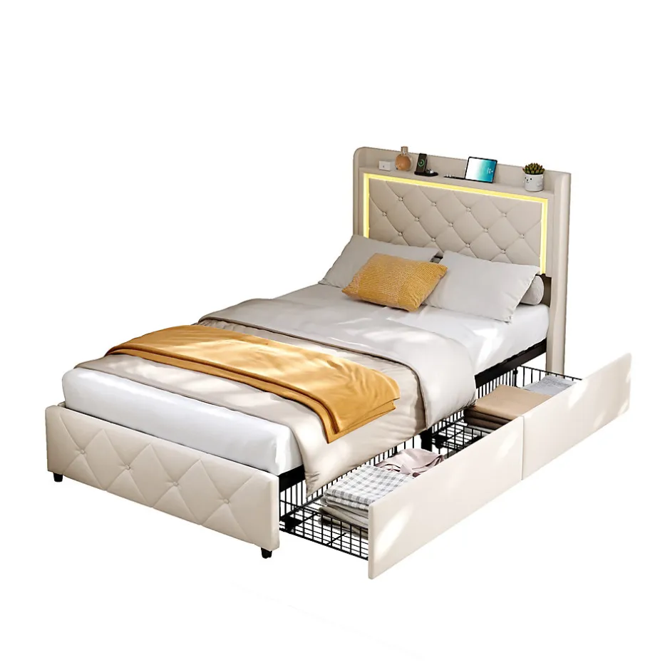 ProximaX Lit simple 90x200 cm velours beige avec tiroirs, rangement tête et lit à gaz, LED, ports USB et Type-C, design moderne