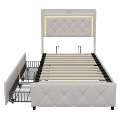 ProximaX Lit simple 90x200 cm velours beige avec tiroirs, rangement tête et lit à gaz, LED, ports USB et Type-C, design moderne