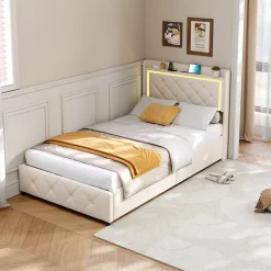 ProximaX Lit simple 90x200 cm velours beige avec tiroirs, rangement tête et lit à gaz, LED, ports USB et Type-C, design moderne