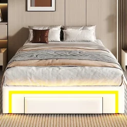 ModernLuxe Lit simple 90x200cm - 2 tiroirs - sans tête de lit - LED - blanc (matelas non inclus)