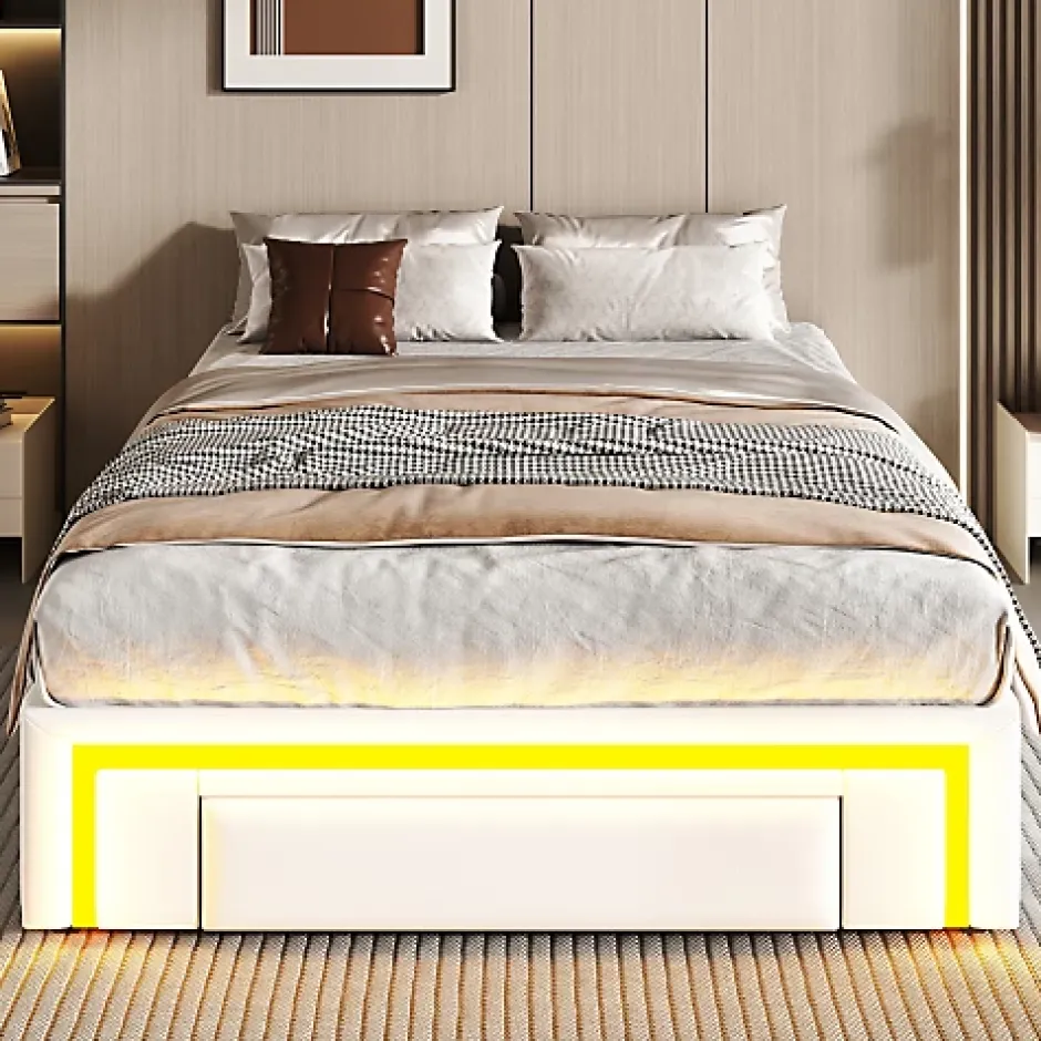ModernLuxe Lit simple 90x200cm - 2 tiroirs - sans tête de lit - LED - blanc (matelas non inclus)