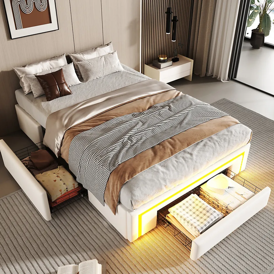ModernLuxe Lit simple 90x200cm - 2 tiroirs - sans tête de lit - LED - blanc (matelas non inclus)