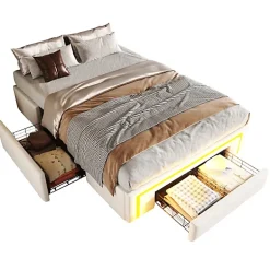 ModernLuxe Lit simple 90x200cm - 2 tiroirs - sans tête de lit - LED - blanc (matelas non inclus)