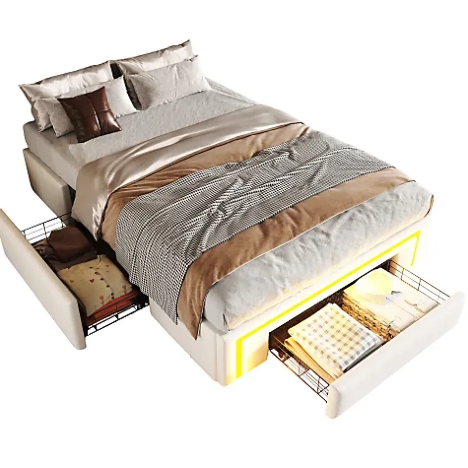 ModernLuxe Lit simple 90x200cm - 2 tiroirs - sans tête de lit - LED - blanc (matelas non inclus)