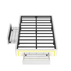 ModernLuxe Lit simple 90x200cm - 2 tiroirs - sans tête de lit - LED - blanc (matelas non inclus)