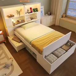 ModernLuxe Lit simple 90x200cm - avec lumière LED et port USB - avec banc coffre - grand espace de rangement - Blanc (sans matelas)