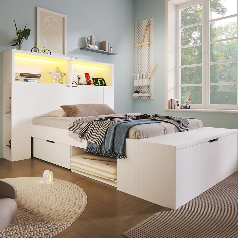 ModernLuxe Lit simple 90x200cm - avec lumière LED et port USB - avec banc coffre - grand espace de rangement - Blanc (sans matelas)