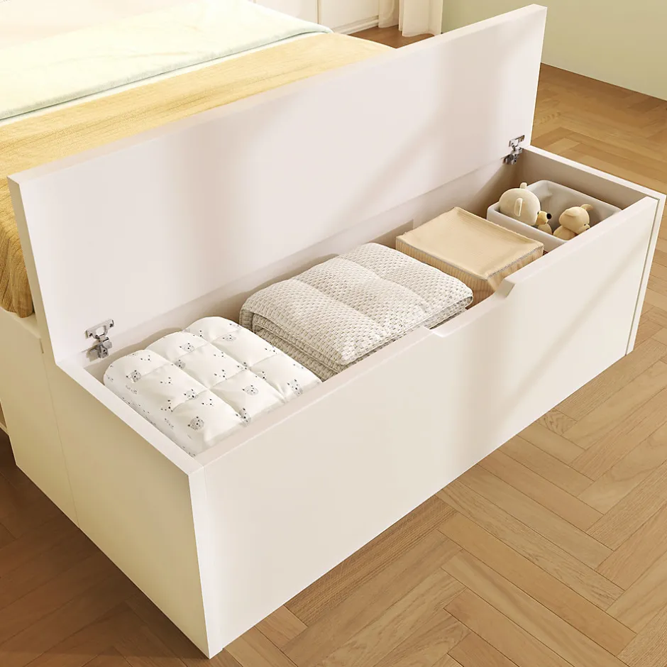 ModernLuxe Lit simple 90x200cm - avec lumière LED et port USB - avec banc coffre - grand espace de rangement - Blanc (sans matelas)