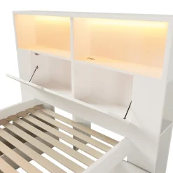 ModernLuxe Lit simple 90x200cm - avec lumière LED et port USB - avec banc coffre - grand espace de rangement - Blanc (sans matelas)