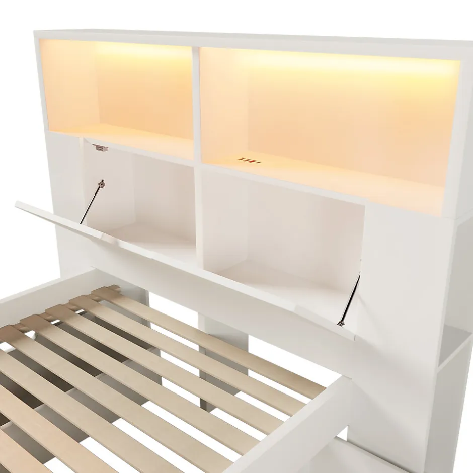 ModernLuxe Lit simple 90x200cm - avec lumière LED et port USB - avec banc coffre - grand espace de rangement - Blanc (sans matelas)