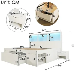 ModernLuxe Lit simple 140x200cm - LED - USB-C - rangements - table de chevet mobile - blanc (matelas non inclus)