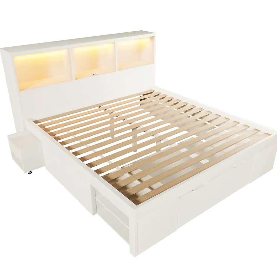 ModernLuxe Lit simple 140x200cm - LED - USB-C - rangements - table de chevet mobile - blanc (matelas non inclus)