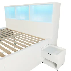 ModernLuxe Lit simple 140x200cm - LED - USB-C - rangements - table de chevet mobile - blanc (matelas non inclus)