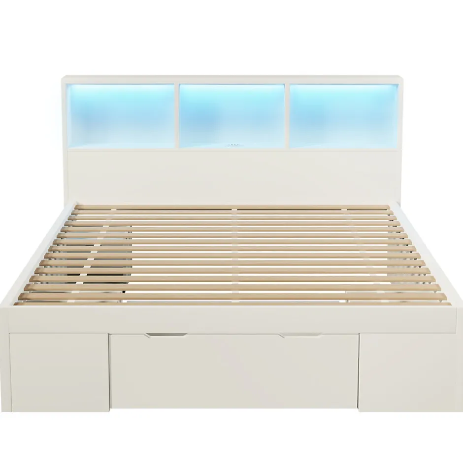 ModernLuxe Lit simple 140x200cm - LED - USB-C - rangements - table de chevet mobile - blanc (matelas non inclus)