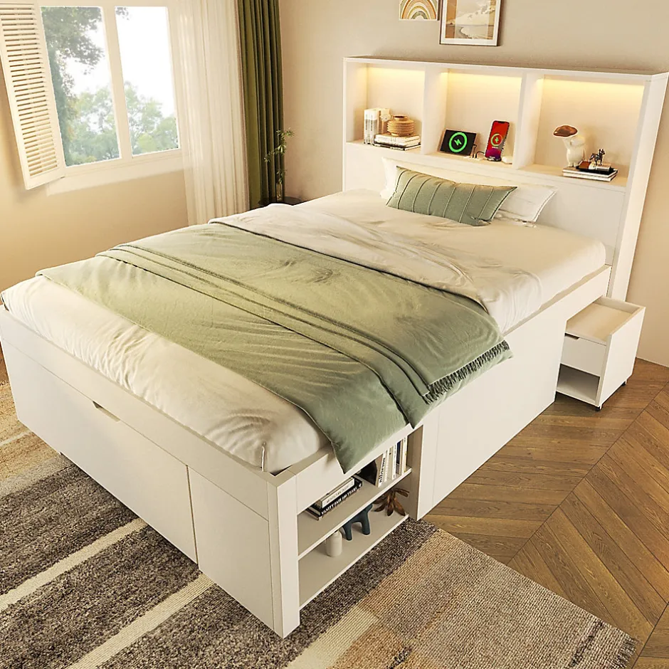 ModernLuxe Lit simple 90x200cm - LED - USB-C - rangements - table de chevet mobile - blanc (matelas non inclus)