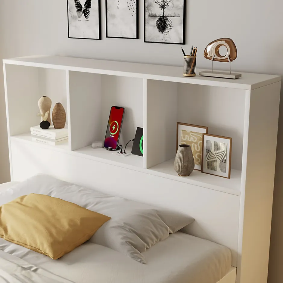 ModernLuxe Lit simple 90x200cm - LED - USB-C - rangements - table de chevet mobile - blanc (matelas non inclus)
