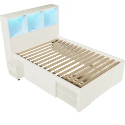 ModernLuxe Lit simple 90x200cm - LED - USB-C - rangements - table de chevet mobile - blanc (matelas non inclus)