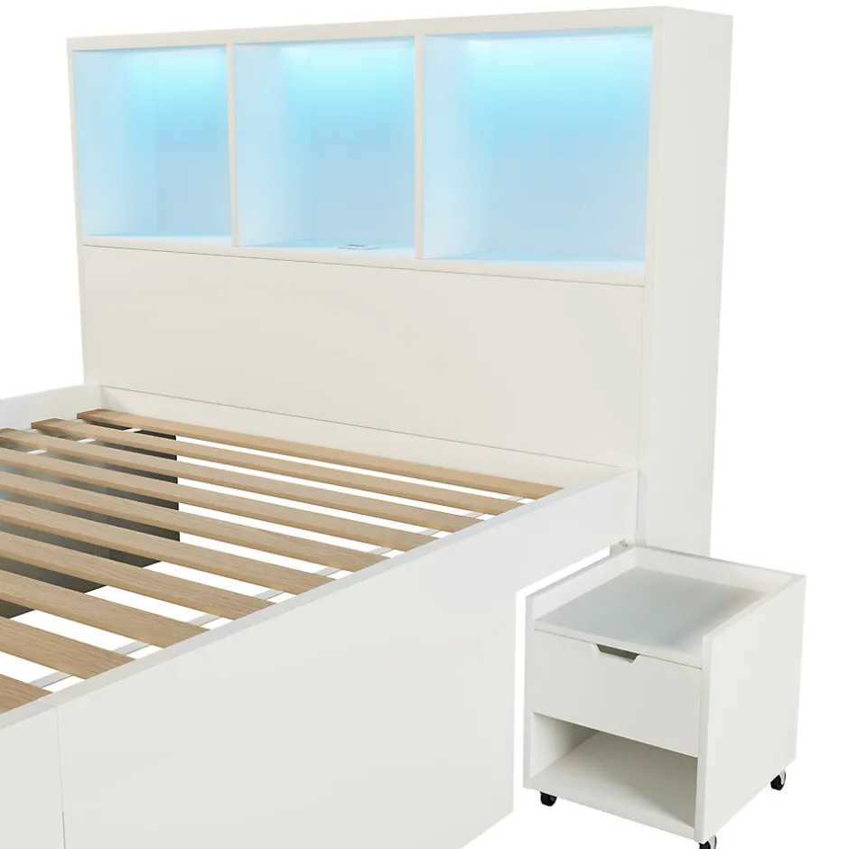 ModernLuxe Lit simple 90x200cm - LED - USB-C - rangements - table de chevet mobile - blanc (matelas non inclus)