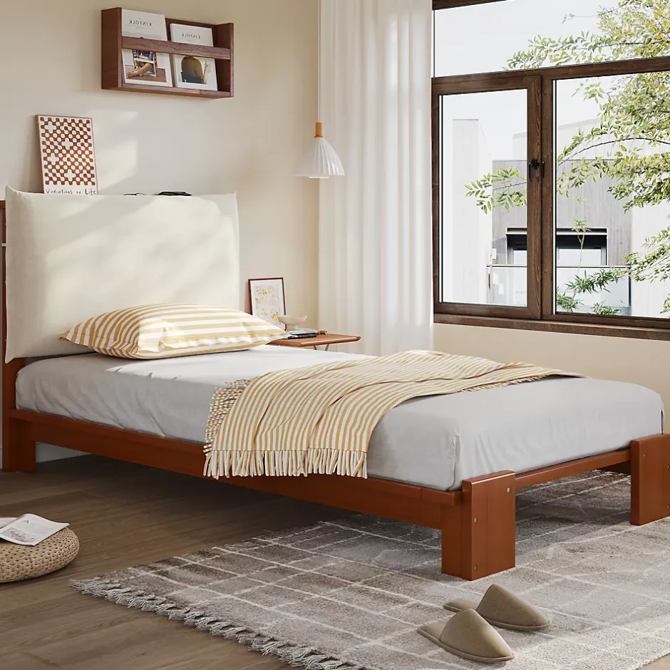 ModernLuxe Lit simple 90x200cm - tête de lit rembourrée amovible - bois massif + éponge + contreplaqué - Brun (matelas non inclus) Discount