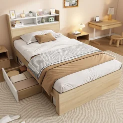 ModernLuxe Lit simple 90x200cm avec 2 tiroirs - tête de lit avec étagère - panneaux de particules+bois massif - Naturel(matelas non inclus)