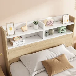 ModernLuxe Lit simple 90x200cm avec 2 tiroirs - tête de lit avec étagère - panneaux de particules+bois massif - Naturel(matelas non inclus)