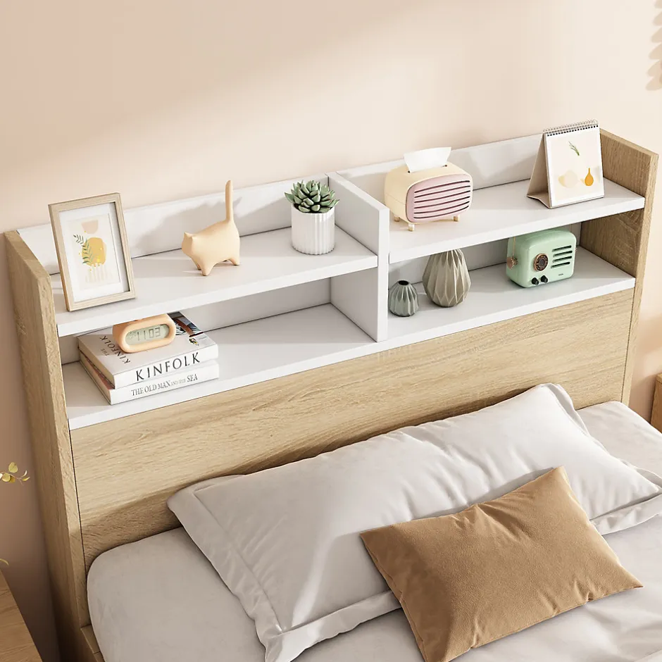 ModernLuxe Lit simple 90x200cm avec 2 tiroirs - tête de lit avec étagère - panneaux de particules+bois massif - Naturel(matelas non inclus)
