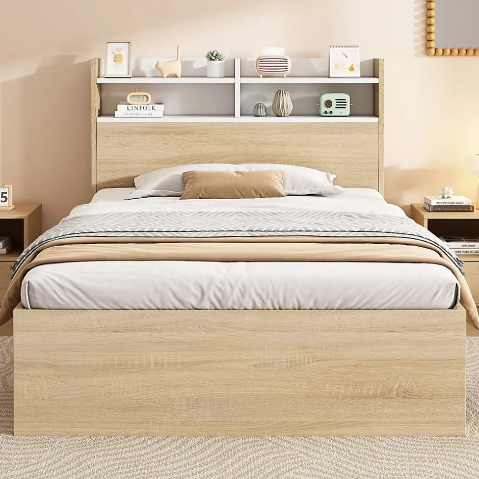 ModernLuxe Lit simple 90x200cm avec 2 tiroirs - tête de lit avec étagère - panneaux de particules+bois massif - Naturel(matelas non inclus)