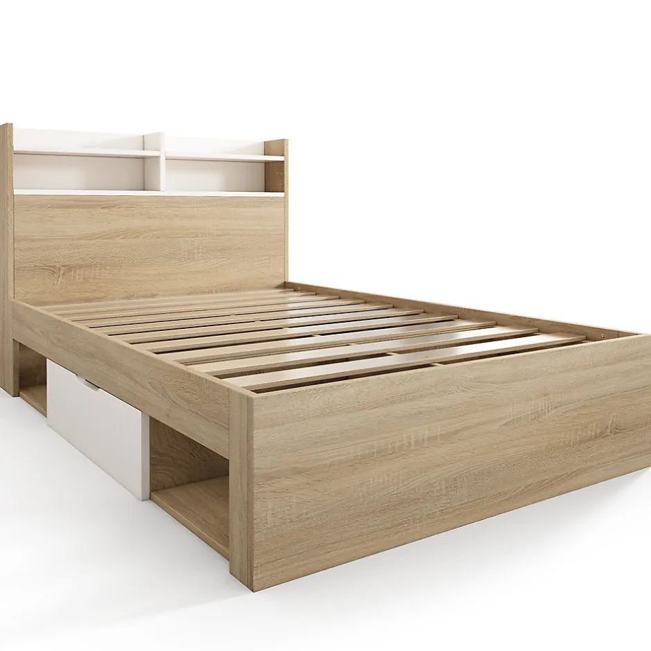 ModernLuxe Lit simple 90x200cm avec 2 tiroirs - tête de lit avec étagère - panneaux de particules+bois massif - Naturel(matelas non inclus)