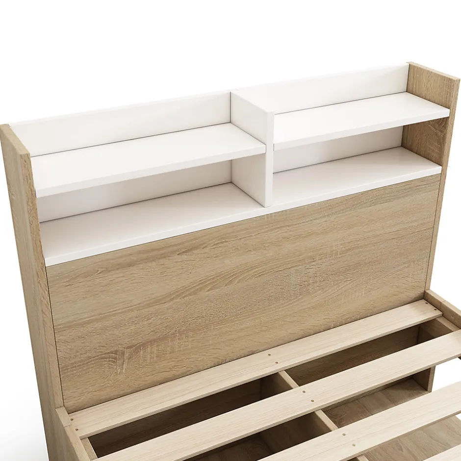 ModernLuxe Lit simple 90x200cm avec 2 tiroirs - tête de lit avec étagère - panneaux de particules+bois massif - Naturel(matelas non inclus)