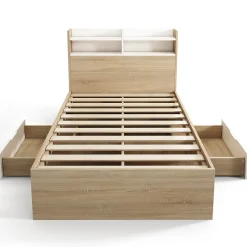 ModernLuxe Lit simple 90x200cm avec 2 tiroirs - tête de lit avec étagère - panneaux de particules+bois massif - Naturel(matelas non inclus)