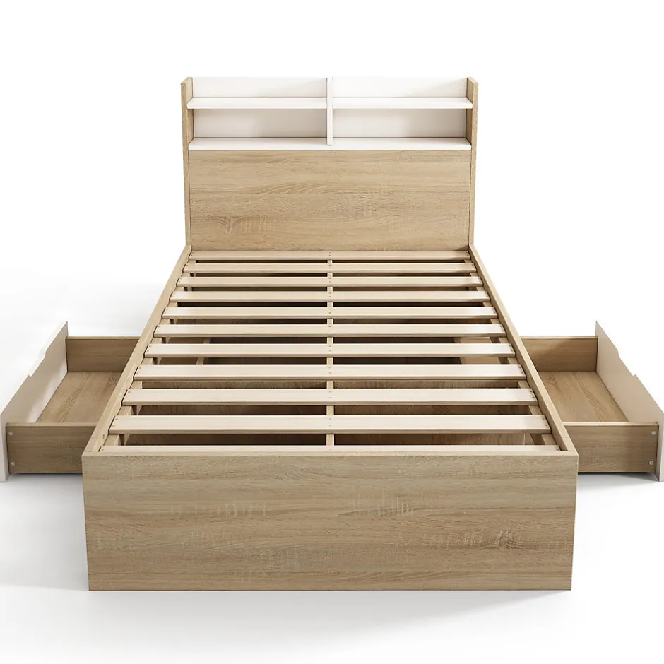 ModernLuxe Lit simple 90x200cm avec 2 tiroirs - tête de lit avec étagère - panneaux de particules+bois massif - Naturel(matelas non inclus)