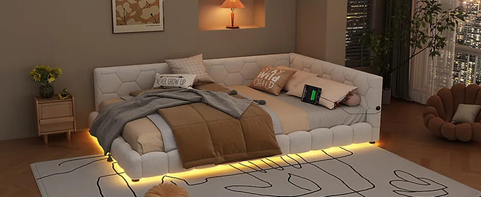 Enfant Fortuna lai Lit Simple 140x200cm, Canapé-Lit avec Éclairage Ambiant, USB, Typ-C, Blanc