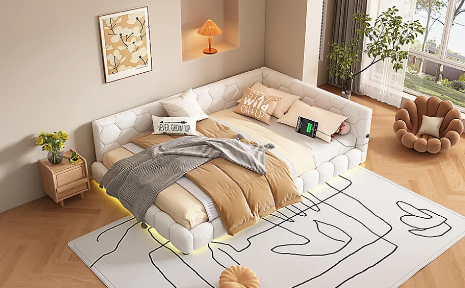 Enfant Fortuna lai Lit Simple 140x200cm, Canapé-Lit avec Éclairage Ambiant, USB, Typ-C, Blanc