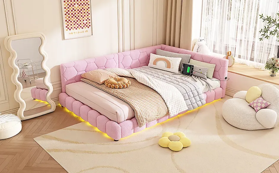 Fortuna lai Lit Simple 140x200cm, Canapé-Lit avec Éclairage Ambiant, USB, Typ-C, Rose Sale