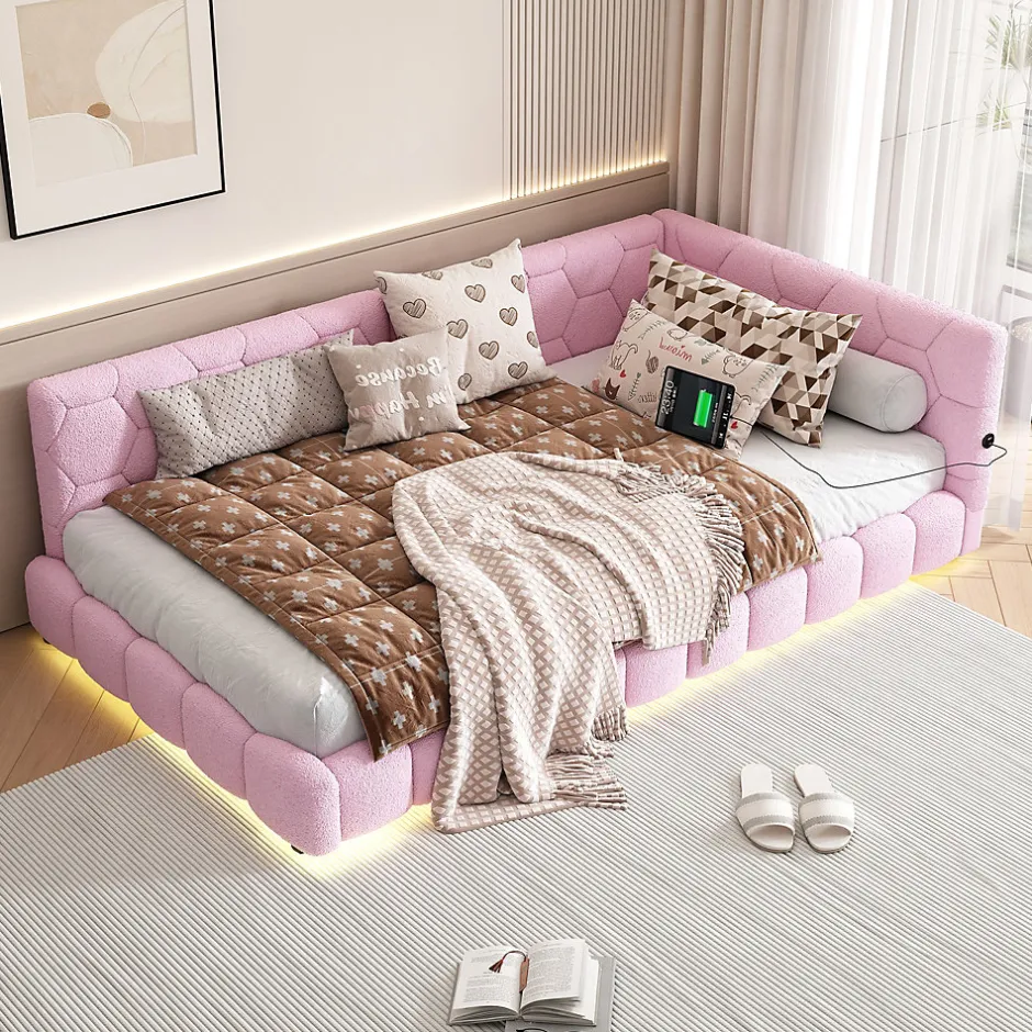 Fortuna lai Lit Simple 90x200cm, Canapé-Lit avec Éclairage Ambiant, USB, Typ-C, Rose Best