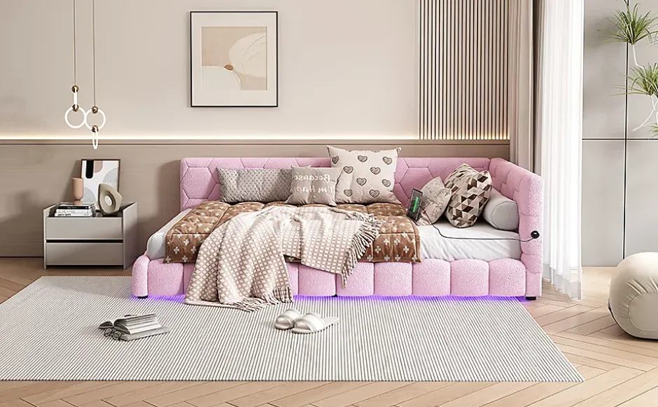 Fortuna lai Lit Simple 90x200cm, Canapé-Lit avec Éclairage Ambiant, USB, Typ-C, Rose Best