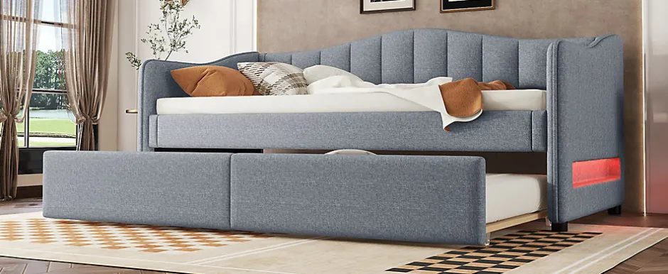 Enfant Fortuna lai Lit Simple 90x200cm, Canapé-Lit avec Tiroirs et Éclairage Ambiant, Beige