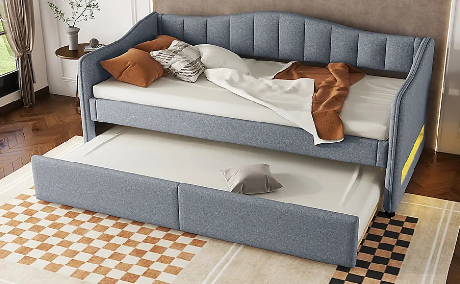 Enfant Fortuna lai Lit Simple 90x200cm, Canapé-Lit avec Tiroirs et Éclairage Ambiant, Beige