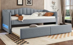 Enfant Fortuna lai Lit Simple 90x200cm, Canapé-Lit avec Tiroirs et Éclairage Ambiant, Beige