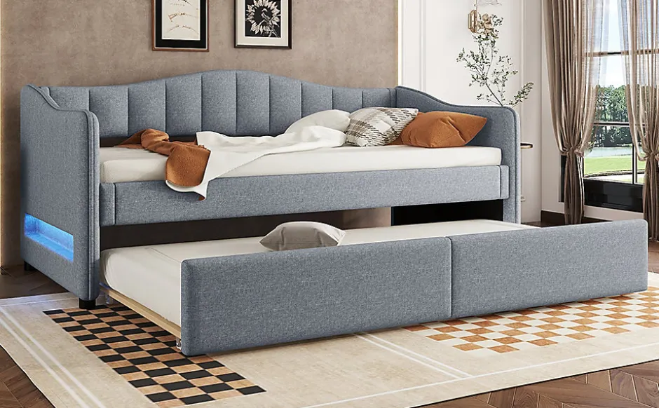 Enfant Fortuna lai Lit Simple 90x200cm, Canapé-Lit avec Tiroirs et Éclairage Ambiant, Beige