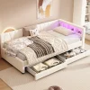 Enfant Fortuna lai Lit Simple 90x200cm, Canapé-Lit avec Tiroirs, USB, Éclairage Ambiant, Beige
