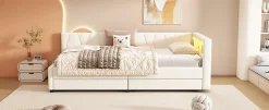 Enfant Fortuna lai Lit Simple 90x200cm, Canapé-Lit avec Tiroirs, USB, Éclairage Ambiant, Beige