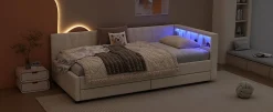 Enfant Fortuna lai Lit Simple 90x200cm, Canapé-Lit avec Tiroirs, USB, Éclairage Ambiant, Beige