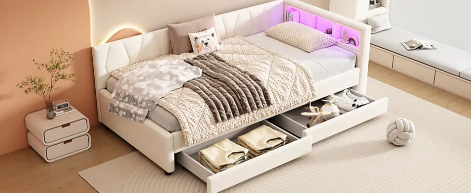 Enfant Fortuna lai Lit Simple 90x200cm, Canapé-Lit avec Tiroirs, USB, Éclairage Ambiant, Beige