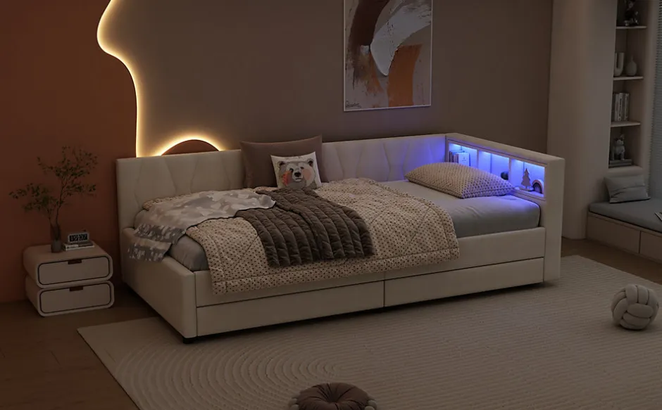 Enfant Fortuna lai Lit Simple 90x200cm, Canapé-Lit avec Tiroirs, USB, Éclairage Ambiant, Beige